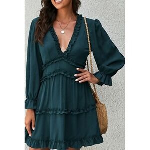 Women Dress L  Emerald Green Ruffle Going Out Long Sleeve Tiered Mini Boho Party